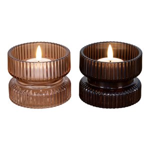Candle Holder - Amber/Brown Glass, Ø9x7 cm - Set of 2