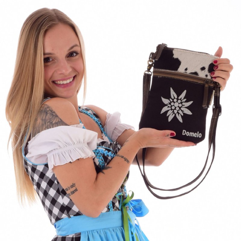 Traditionele tas van Domelo. Dames schoudertas. Dirndl schoudertas gemaakt van canvas en leer. Handtas in traditionele stijl met hartedelweissprint. Crossbodytas voor dames als Oktoberfest-accessoire.