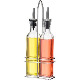  2-piece crystal vinegar set with stainless steel support, 14x7.5x35cm, for oil and vinegar storage.