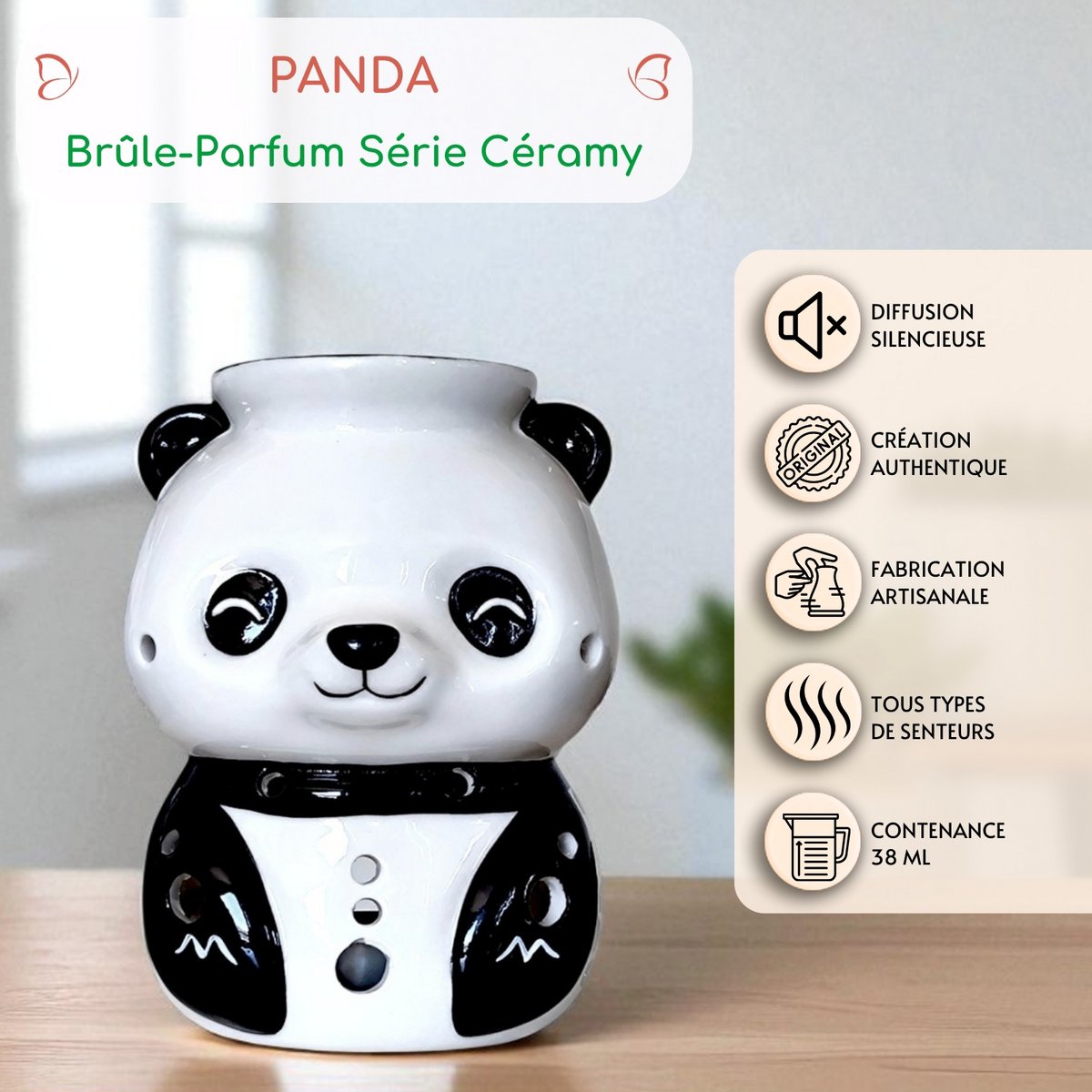 Brûle-Parfum Panda en Céramique Peinte à la Main – Diffuseur Huiles Essentielles, Cires ou Parfums – 12,5 cm – Ambiance Cocooning Zen – Objet Déco Mignon & Bien-Être
