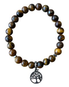 Ladies bracelet tiger eye 8 mm with tree of life charm