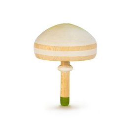 Wooden spinning top with a parasol-like cap, made of natural materials like wood and featuring a round, mushroom-like shape.