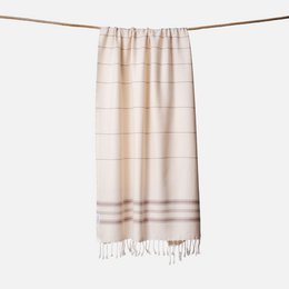 Striped hammam towel, ecru taupe, fringed edges, lightweight cotton, traditional Turkish style bath towel.