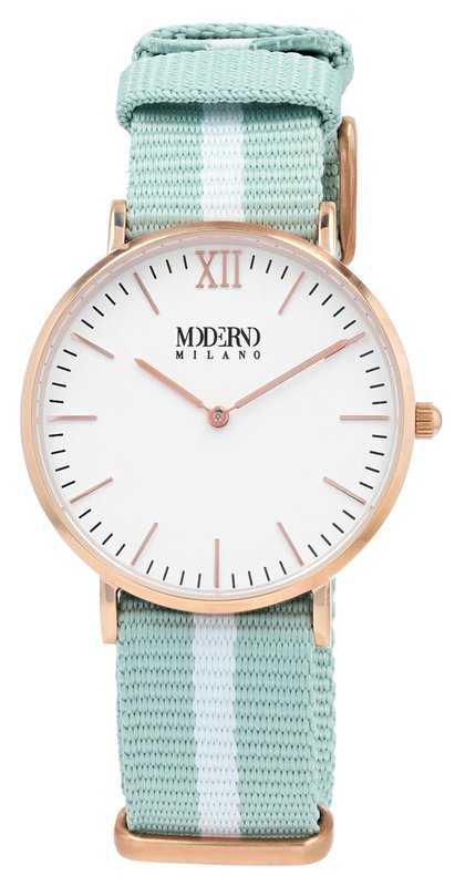 Moderno Milano stainless steel women's watch 36.5 mm, sapphire crystal & nylon NATO strap (light green-white), rose gold-colored