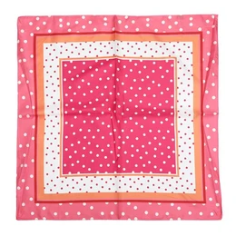 Pink polka dot scarf, white dots pattern, fuchsia fabric, square bandana style, versatile accessory.