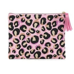 A pink cosmetic bag with a leopard print pattern, perfect for storing makeup and other beauty essentials. The bag features a tassel zipper pull for a stylish touch.