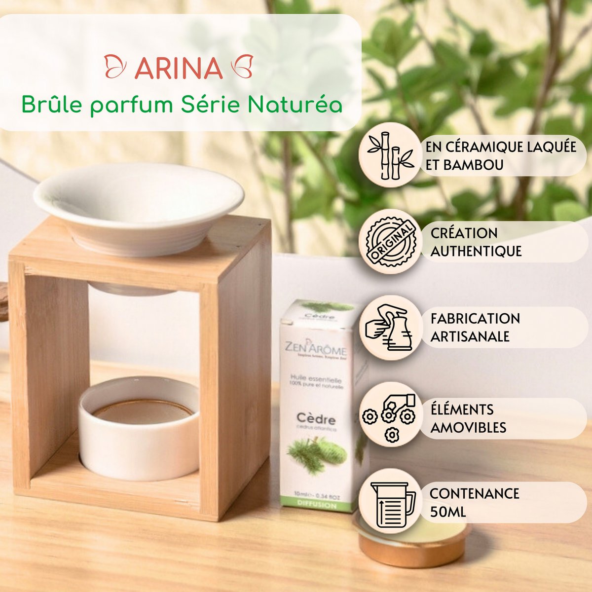 Parfümbrenner Naturea-Serie – Arina – Duftwachs-Schmelzbrenner – Diffusor für ätherische Öle und Raumdüfte – Aromatherapie-Kerzenhalter aus Bambus und Keramik