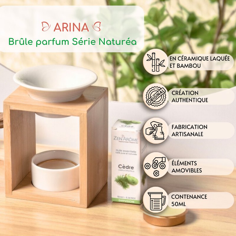 Quemador de perfume Serie Naturea - Arina - Quemador de cera perfumada - Difusor de aceites esenciales y fragancias para el hogar - Portavelas de aromaterapia de bambú y cerámica