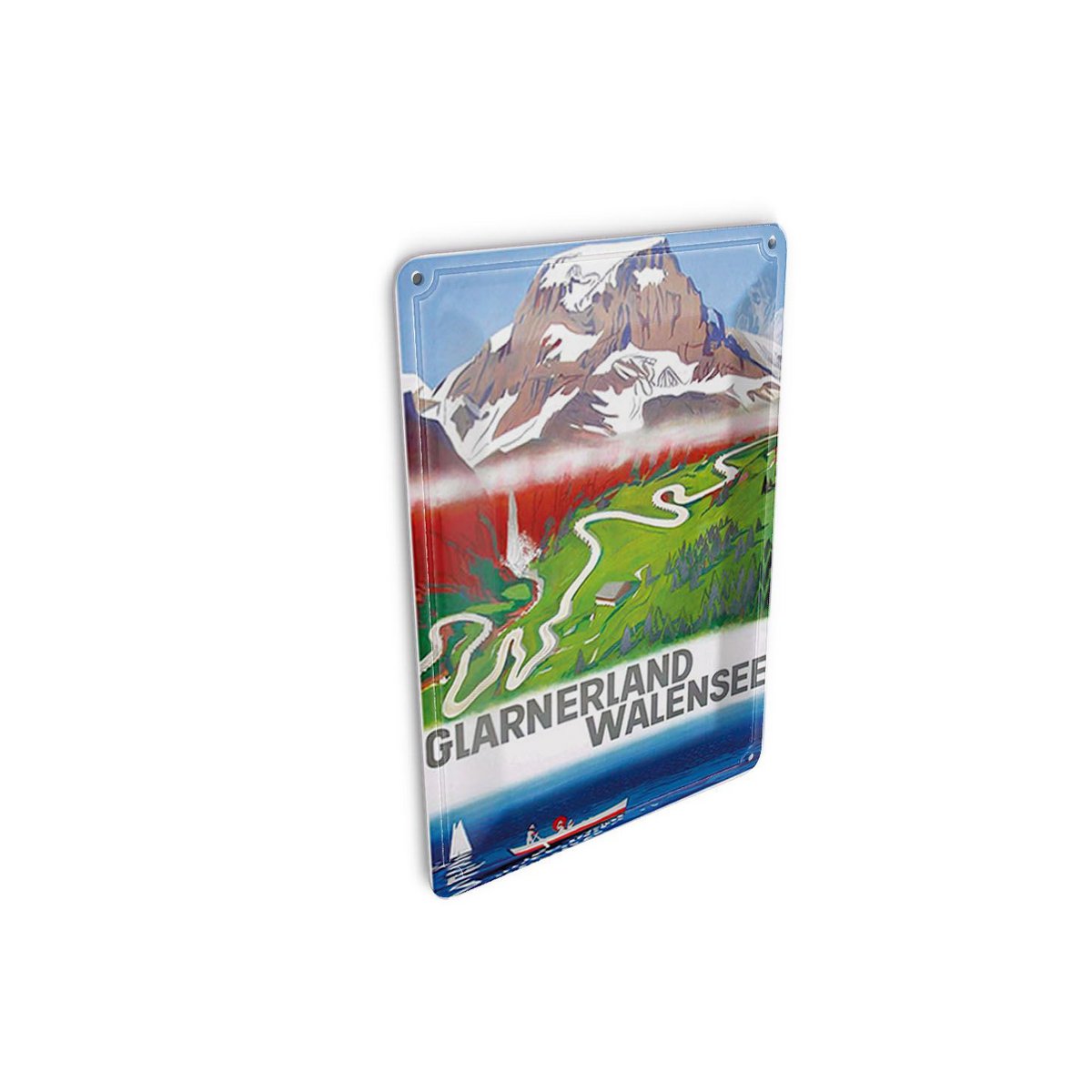 Cartolina da viaggio in latta 10x14 cm Targa decorativa della valle dei monti Glarner Walensee