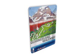 Cartolina da viaggio in latta 10x14 cm Targa decorativa della valle dei monti Glarner Walensee