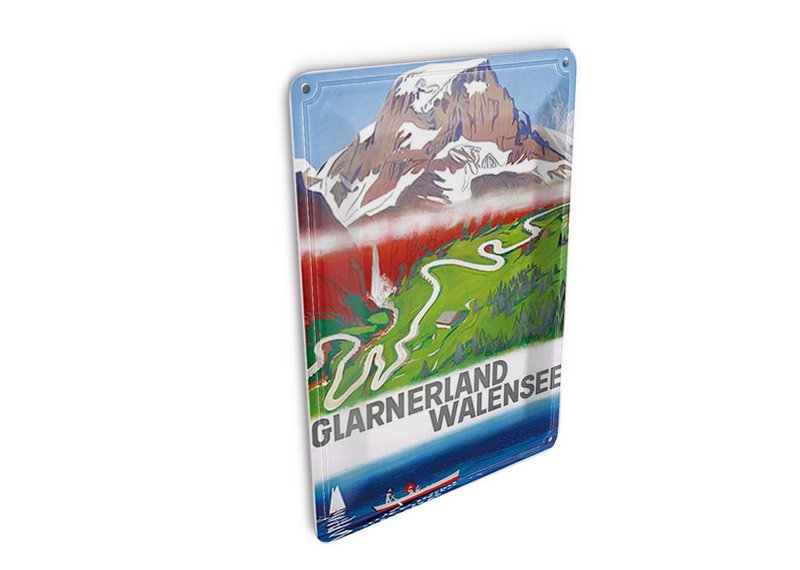 Cartolina da viaggio in latta 10x14 cm Targa decorativa della valle dei monti Glarner Walensee