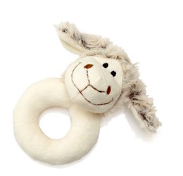 Soft, plush baby rattle in the shape of a sheep. Cream-colored with gray accents. Measures approximately 12 cm in size. Suitable for infants and young children.