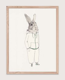 Whimsical rabbit illustration in a kids room poster, featuring a gray rabbit wearing a shirt and standing upright.