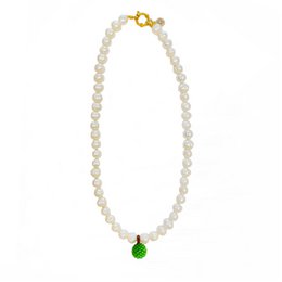 A delicate pearl necklace with a vibrant green pendant, perfect for adding a touch of elegance to any outfit.