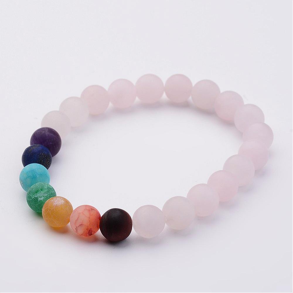 Mala stretch al quarzo rosa e 7 chakra, 8 mm