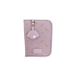 A beige document holder made of canvas material with a leather accent and a metal key-shaped charm. The holder has a rectangular shape and appears to be designed for storing and organizing documents.