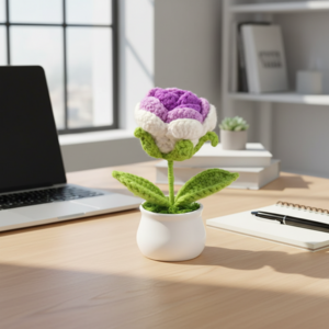Handgemaakte gebreide roos – imitatiebloem in pot – premium wollen garen – display voor één stuk