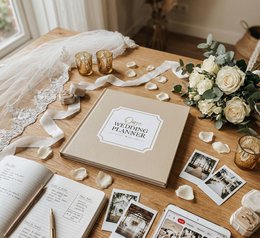  Beige wedding planner notebook with embossed title "Our Wedding Planner" on the cover. The notebook appears to be a hardcover with a simple, elegant design.