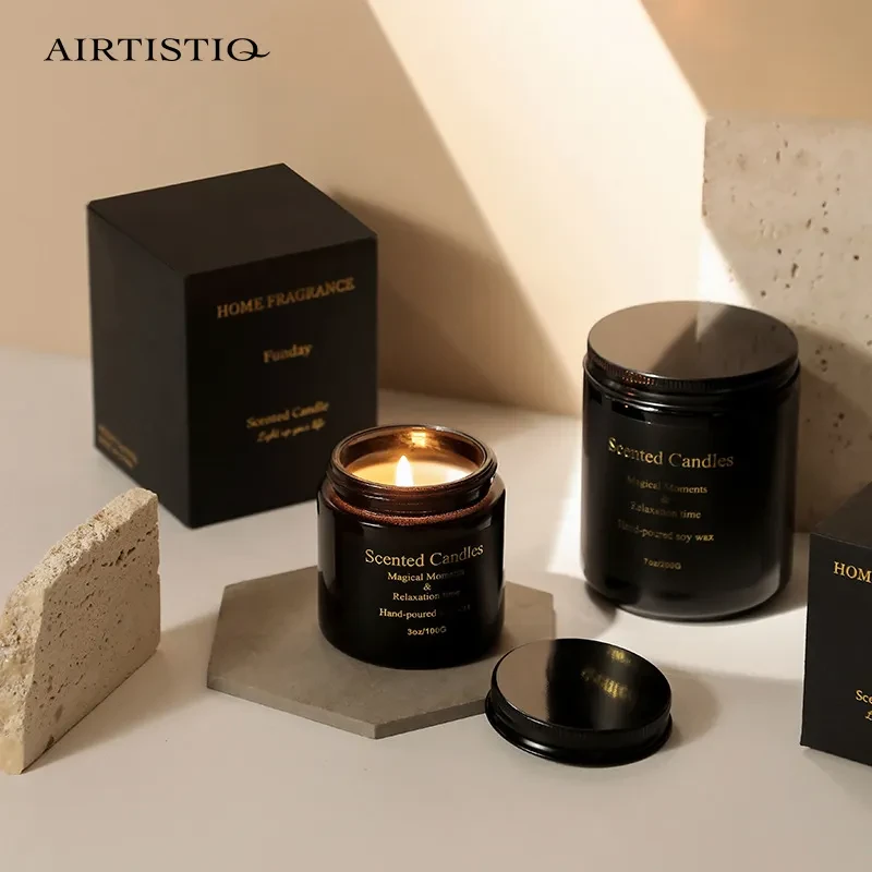 Vela perfumada de cera de soja marrón ámbar de vidrio Vela de aromaterapia hecha a mano con tapas 100 gramos