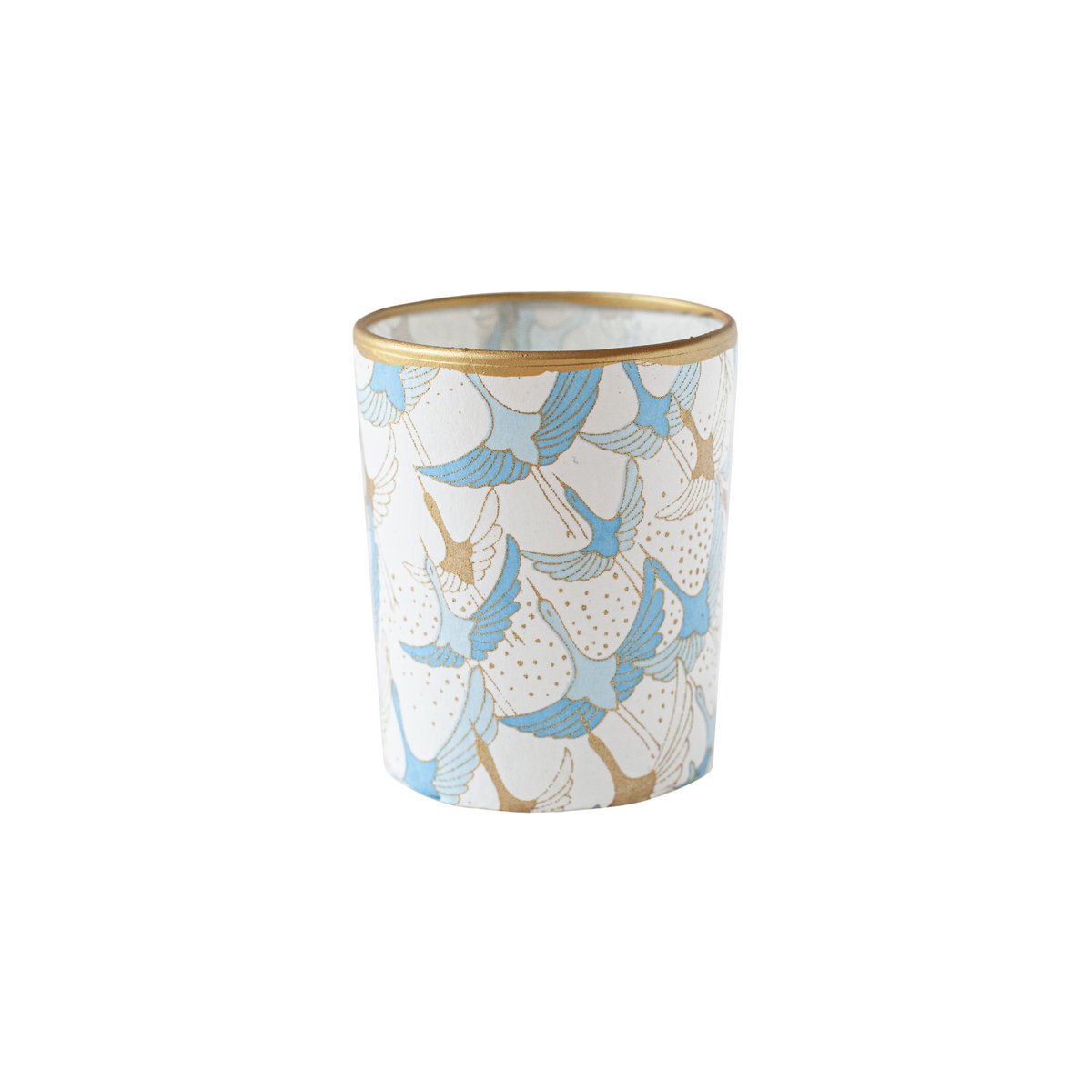 Handmade tealight holder made of glass & Chiyogami paper | Blue birds / White sky | Table decoration