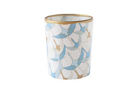 Handmade tealight holder made of glass & Chiyogami paper | Blue birds / White sky | Table decoration