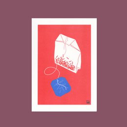 "A4 riso print tea bag with an abstract design featuring a white crystal-like shape and blue and red accents on a bright red background. The product is available with or without retail packaging."