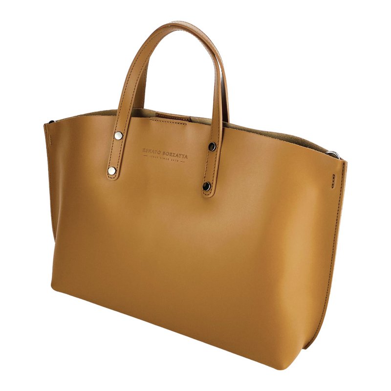 RB1024S | Borsa Donna a Mano in Vera Pelle Made in Italy con tracolla removibile. Sacca grande interna estraibile. Accessori Canna di Fucile Lucido - Colore Cognac - Dimensioni: cm 48x31x11