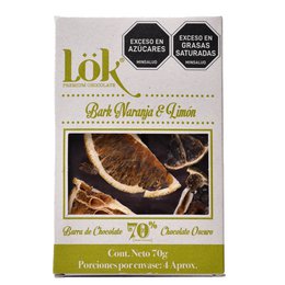 Dark chocolate bar with orange and lemon flavors, 70% cocoa content.