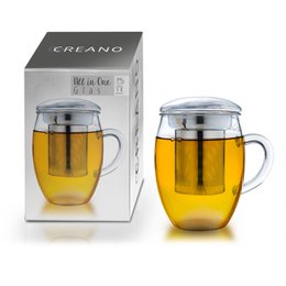 A clear glass tea mug with a stainless steel infuser and lid, designed for brewing loose leaf tea. The mug has a capacity of 400ml.