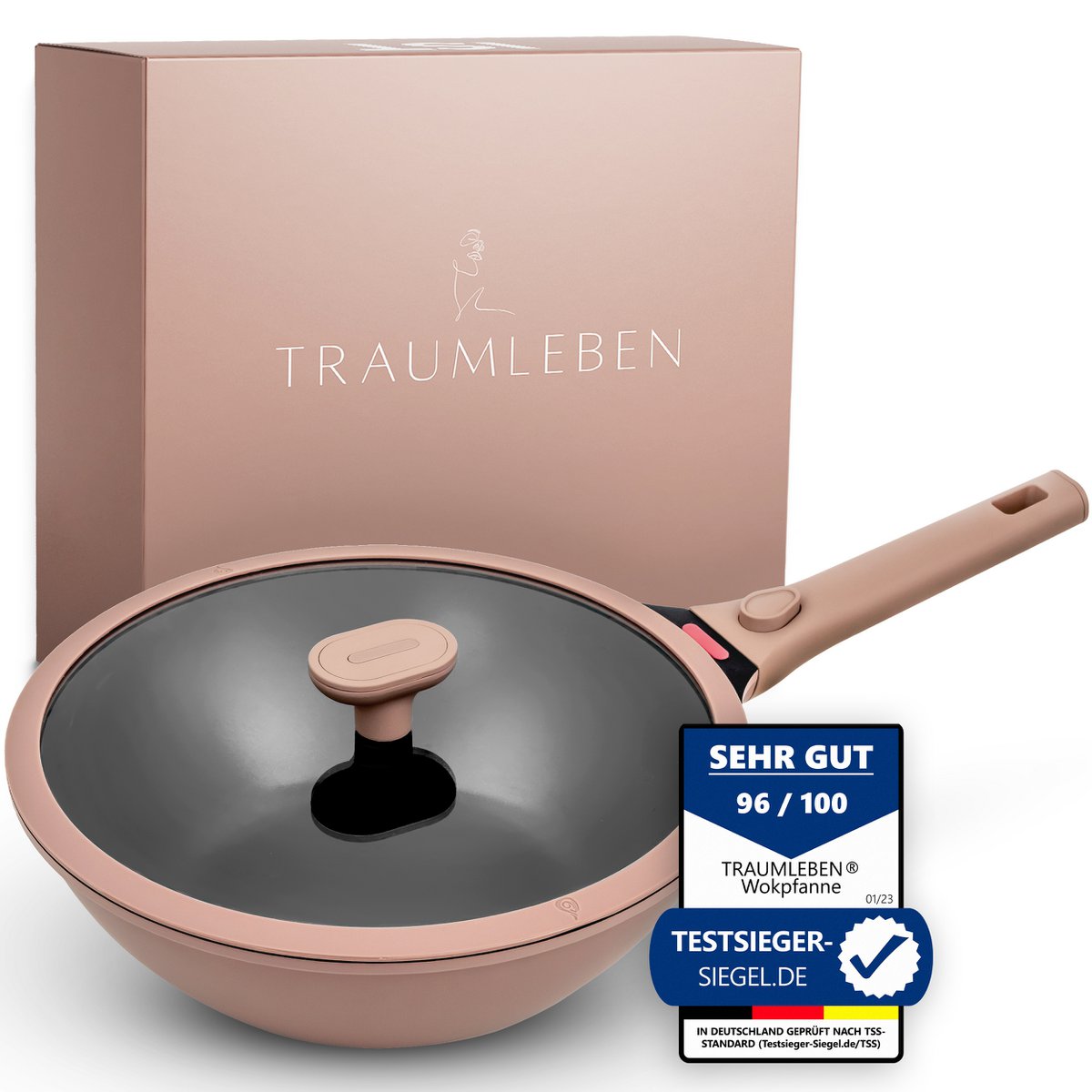 Wok PAN 28 cm, recubrimiento no de palo, manijas extraíbles, inducción, festival de horno (rosa)
