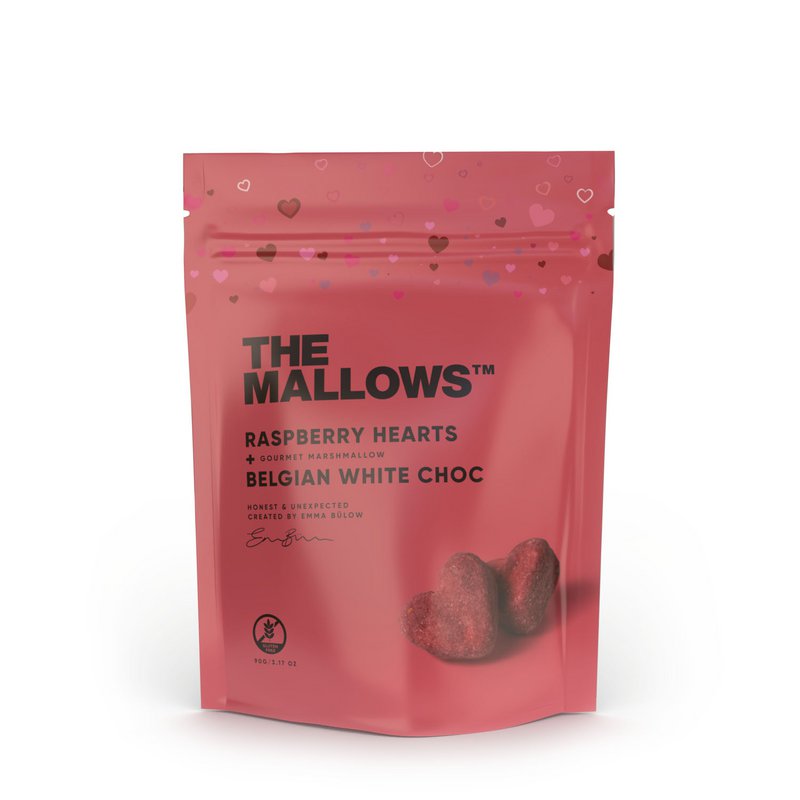 MALOW HEARTER - MARSHMALLOWS MED HINDBÆR + HVID CHOC 90G ♥