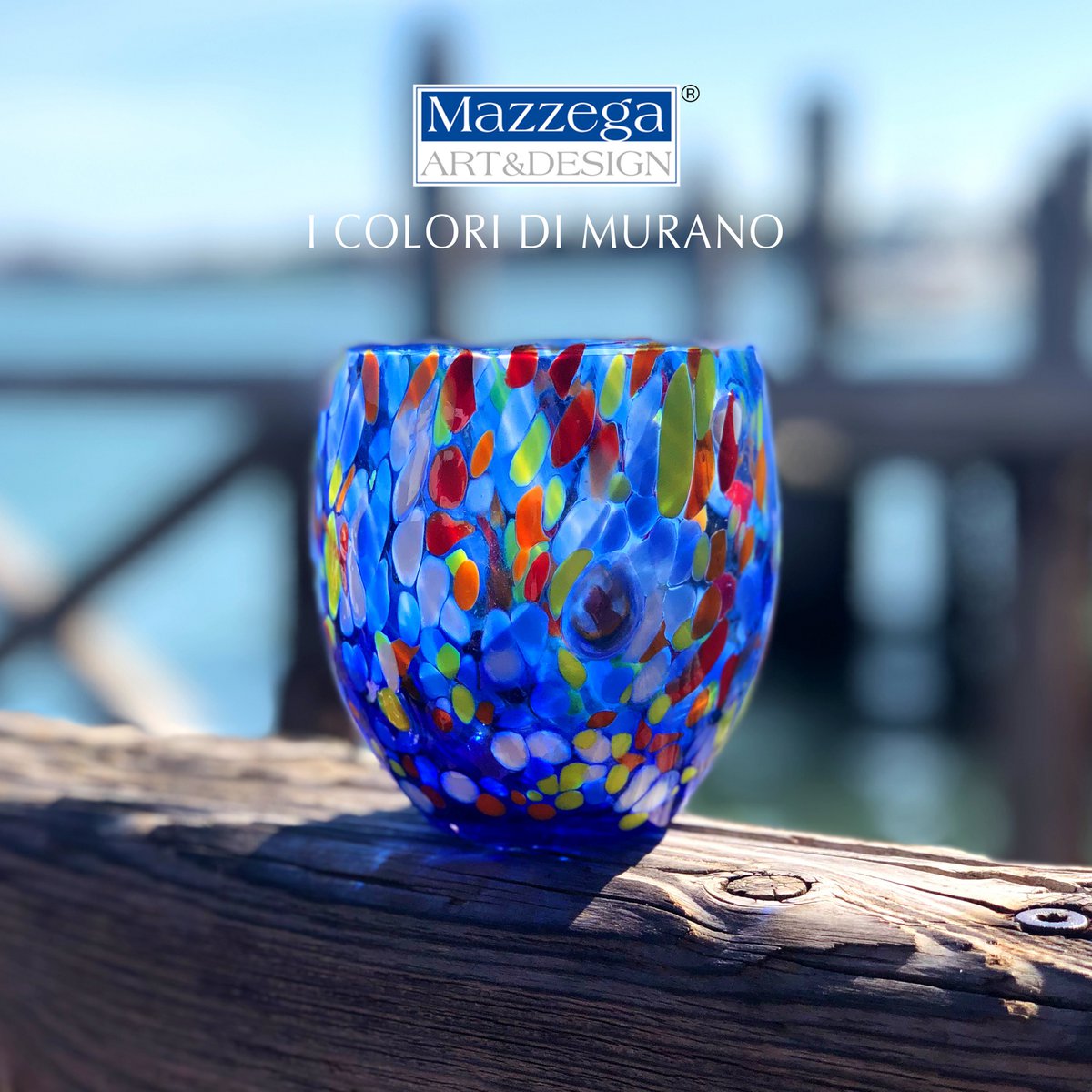 Klassieke waterglazen van handgeblazen en handgemaakt glas met Murano Murrine, lijn “I Colori di Murano”, 320 ml. Gemaakt in Italië