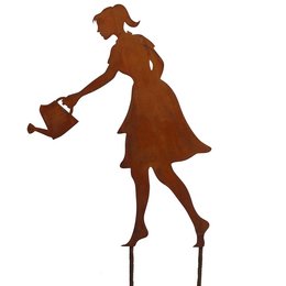 A metal garden sculpture in the silhouette of a woman gardener, available in two heights (40 cm and 60 cm) and two mounting options (sticking or on a base plate).
