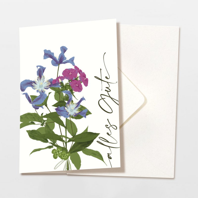 Vouwkaart 'all the best' met paarse bloemen, inclusief envelop