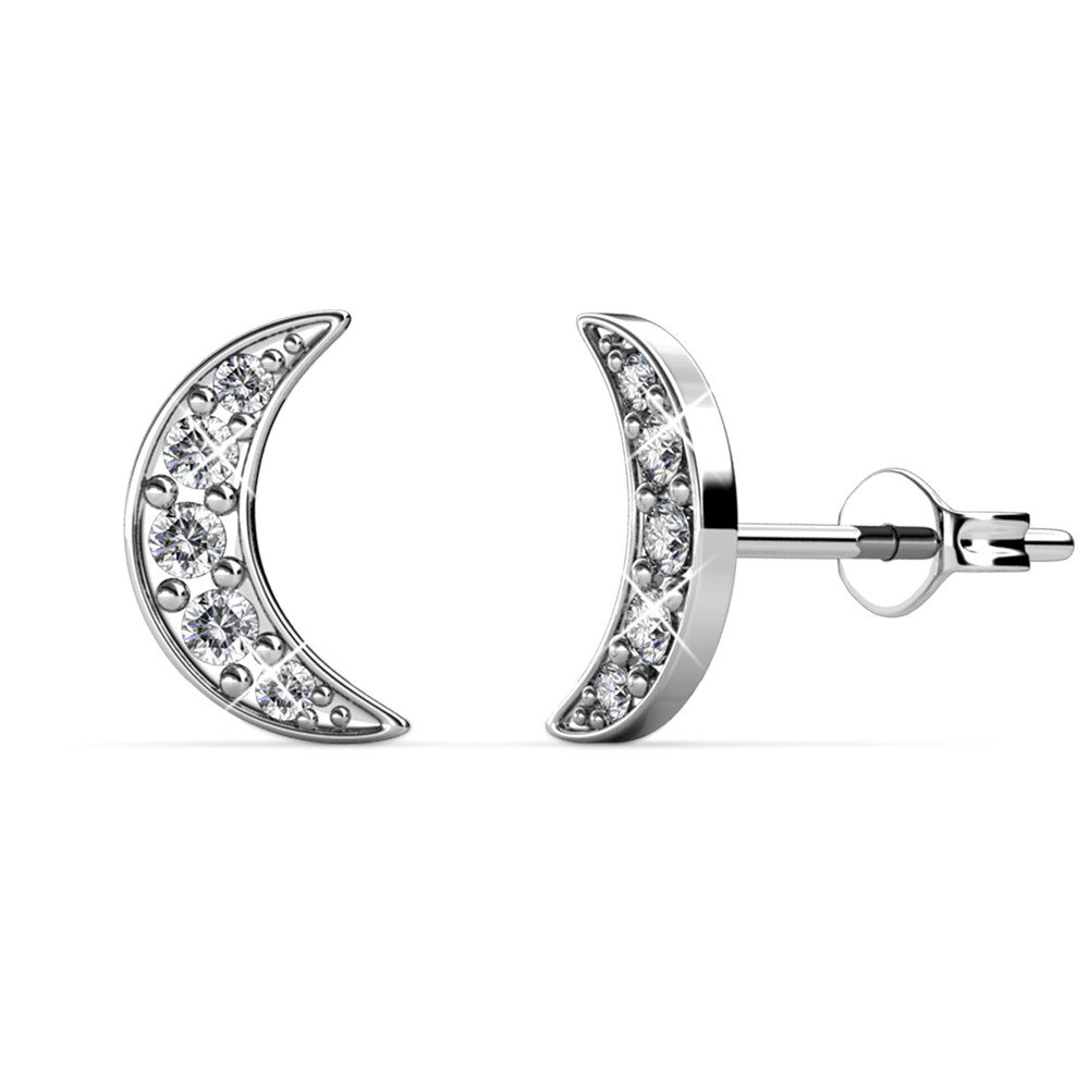 Crescent Moon Earrings - Silver and Crystal