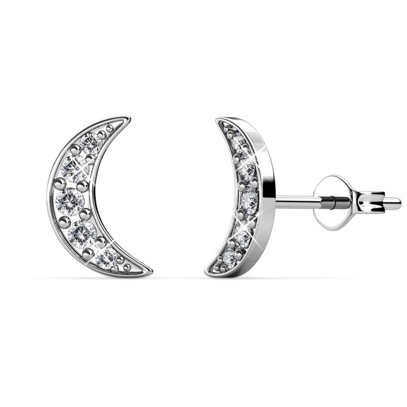 Crescent Moon Earrings - Silver and Crystal