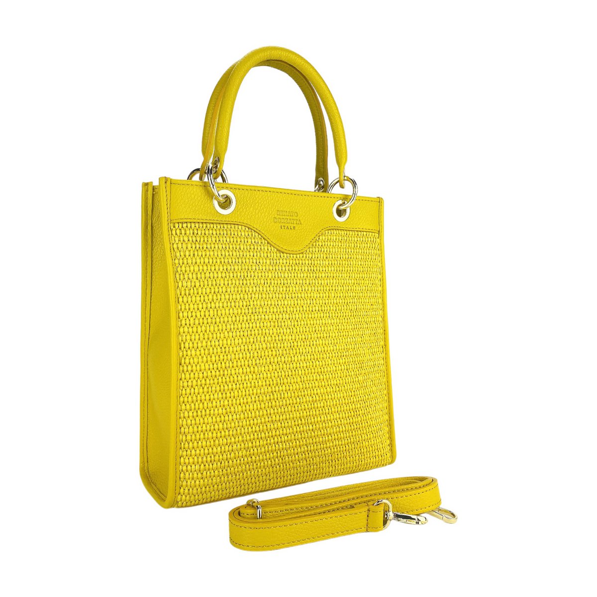 RB1026R | Verticale dameshandtas van echt leer en stro, gemaakt in Italië. Afneembare en verstelbare lederen schouderband. Accessoires van gepolijst goud - gele kleur - afmetingen: 24 x 29 x 9 cm