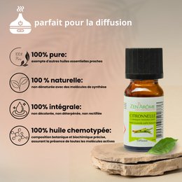 Etherische olie - Citroengras - 10 ml - Gebruik voor diffusie - Verpakt in Frankrijk