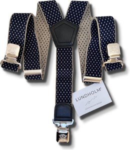 Bretels heren X-vorm 3 clips donkerblauw-beige patroon — heavy duty — Lundholm Bastad