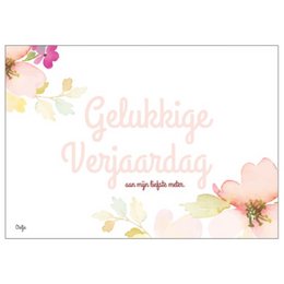 Colorful floral postcard with the text "Gelukkige Verjaardag" (Happy Birthday in Dutch) against a soft pink and yellow background with delicate flower illustrations.