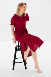 LONG STORY — Vestido midi de lino con cinturón y manga corta