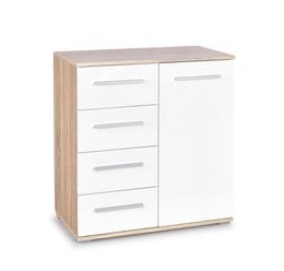  Sonoma wood and white drawers chest, modern storage furniture with multiple compartments and handles.