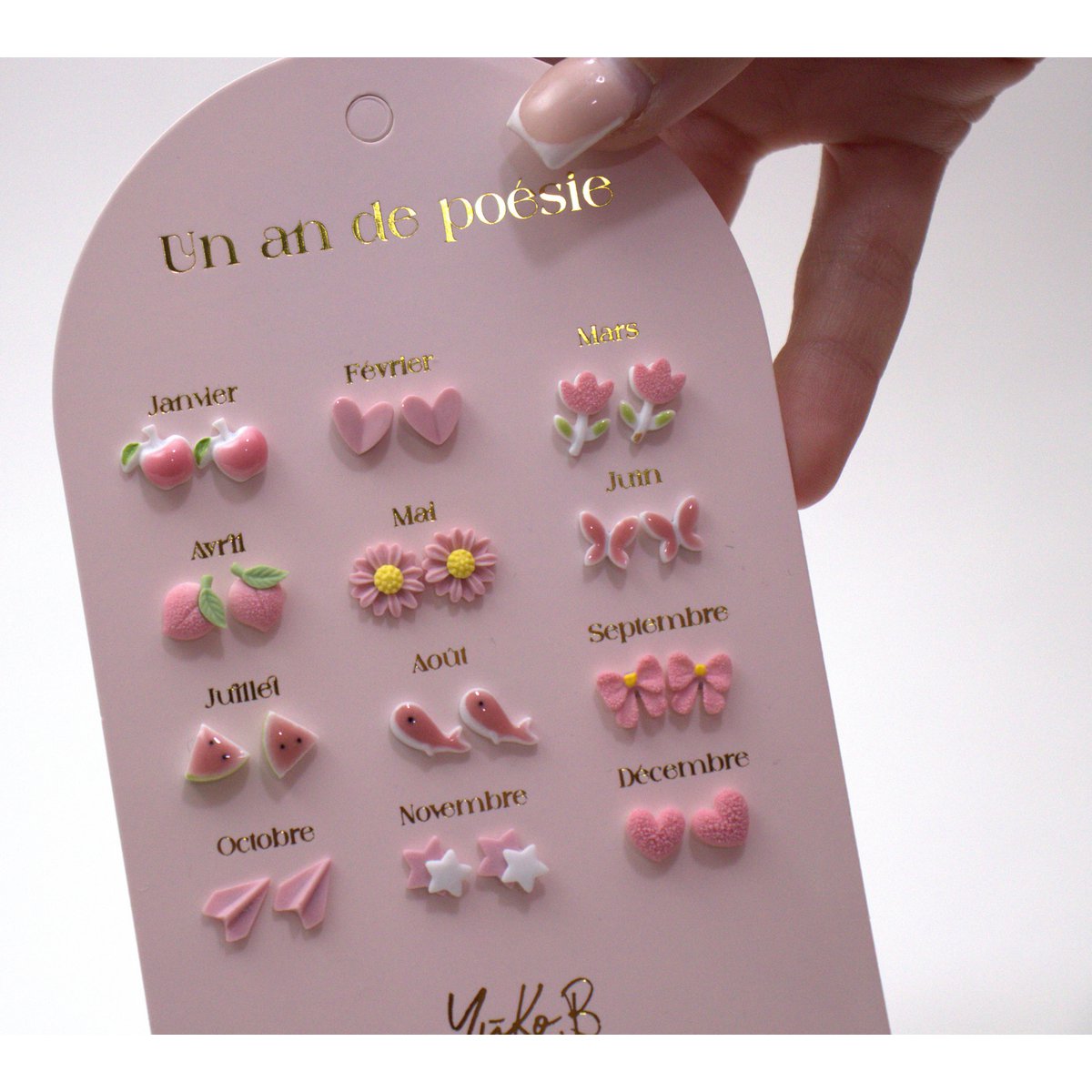 Coffret 12 Boucles d'Oreilles Céramique — Un An de Poésie rose