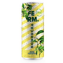 Ginger lemongrass kombucha drink in a yellow can with green leaves and text "FERM" on the label.