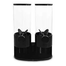 Black and white dual cereal dispenser, cylindrical containers, modern kitchen storage, rotating design