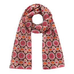  A vibrant, patterned silk scarf in shades of pink, red, and orange. The scarf features a geometric, floral-inspired design with intricate details. It is a versatile accessory that can be worn in various ways to complement a range of outfits.
