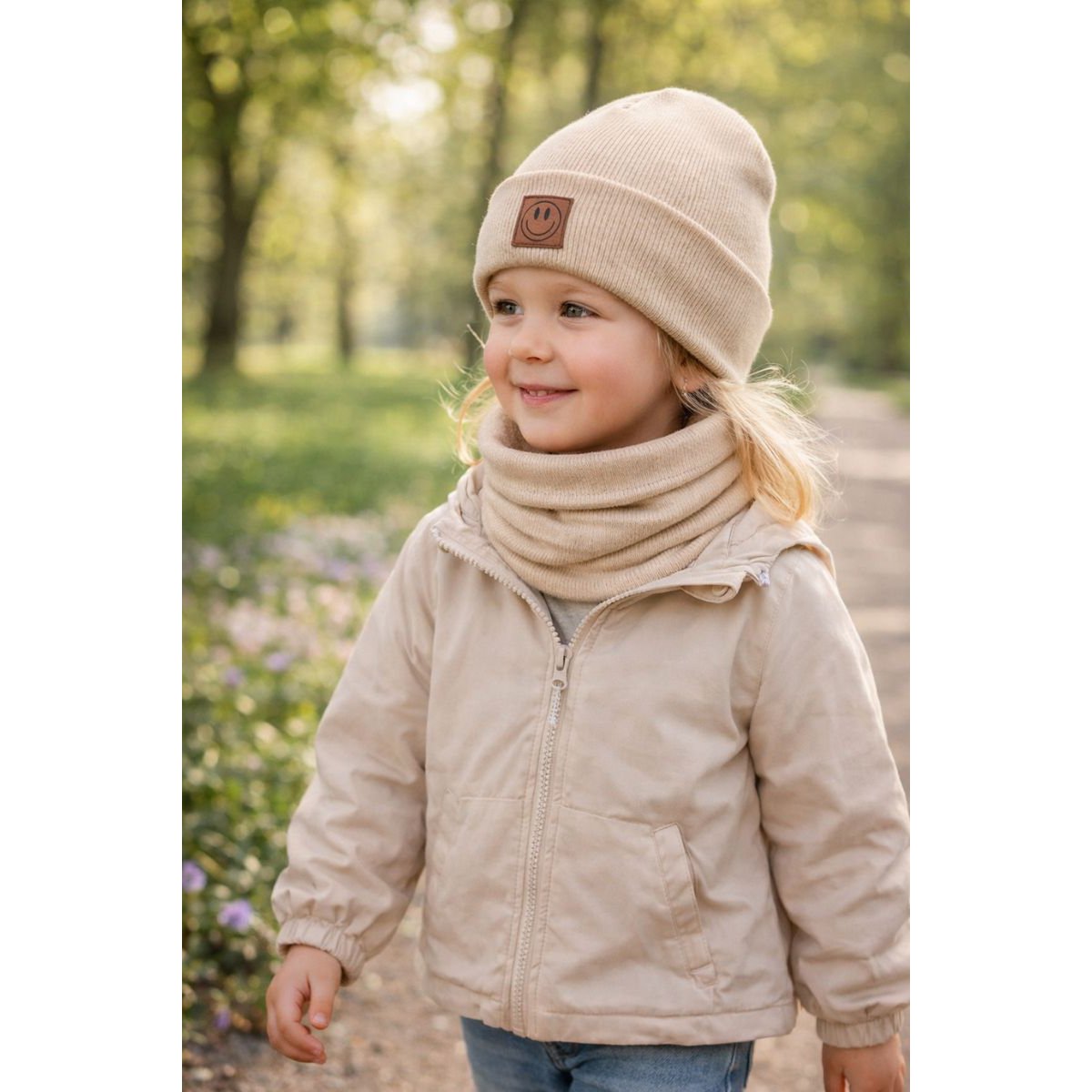 Set aus Mütze und Schal SMILE – Baumwolle – Beige