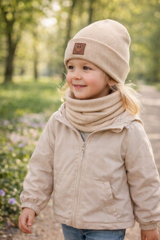 Set aus Mütze und Schal SMILE – Baumwolle – Beige