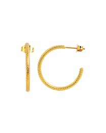 Gold textured hoop earrings, stainless steel, shiny finish, medium-sized hoops, elegant jewelry.