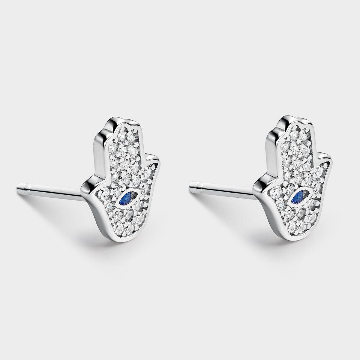 BLUE AND SILVER ZIRCONIA HAND OF FATIMA EARRINGS